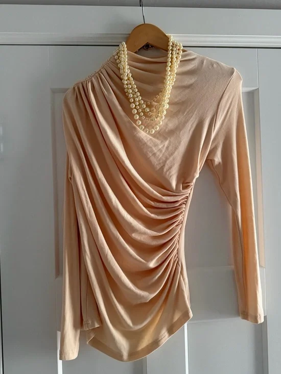 Long Sleeve Draped Neck Top in Light Beige - Picture 14 of 17